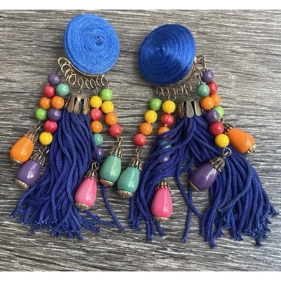 Vintage Earrings Large Long Blue Multi Color Boho Circle Clip On Fringe 80s 90 - Picture 8 of 10